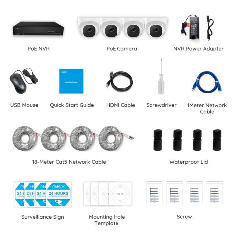 Reolink komplet sæt med NVR HDD-boks og 4 stk. 5MP PoE dome-kameraer