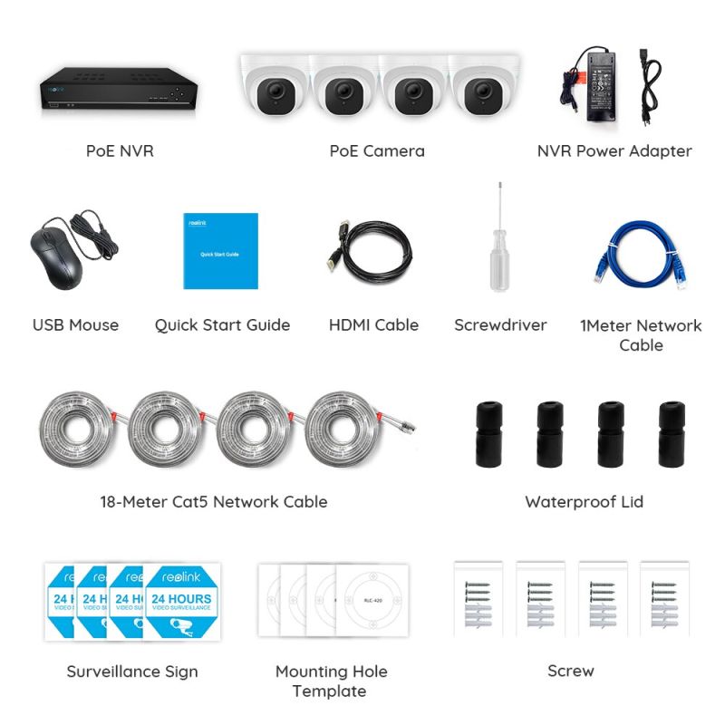 Reolink komplet sæt med NVR HDD-boks og 4 stk. 5MP PoE dome-kameraer
