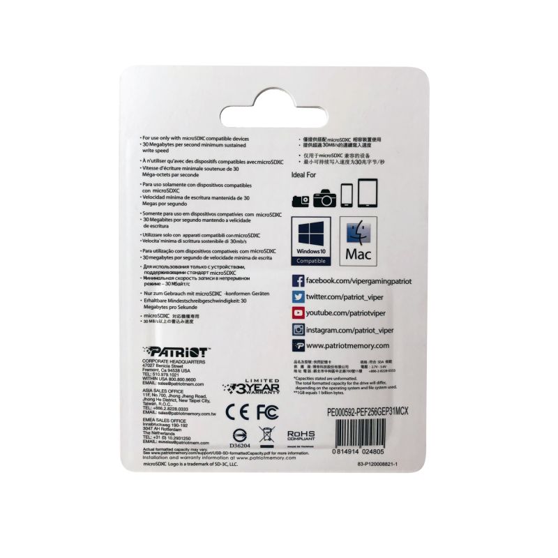 Patriot EP Micro-SD kort 256 GB C10 UHS-1 V30