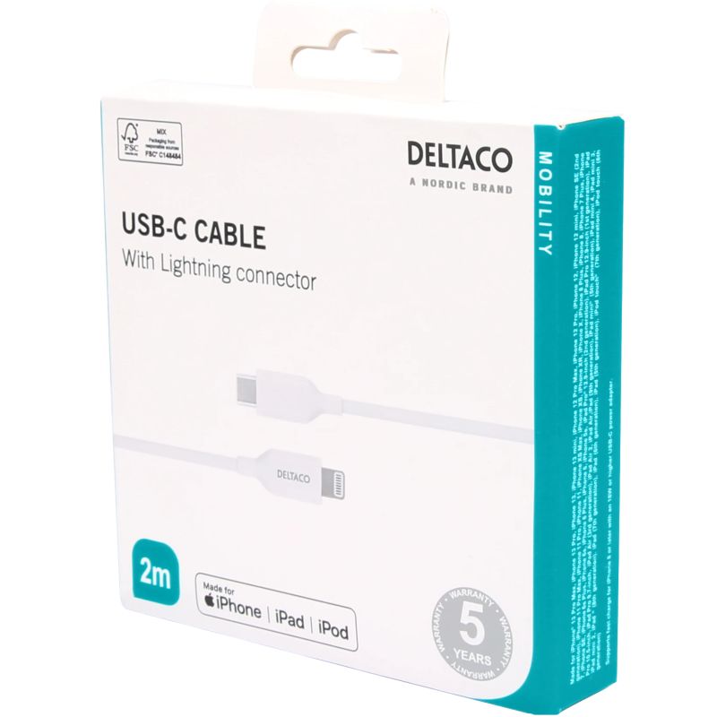 USB-C lightning kabel, 2m, hvid