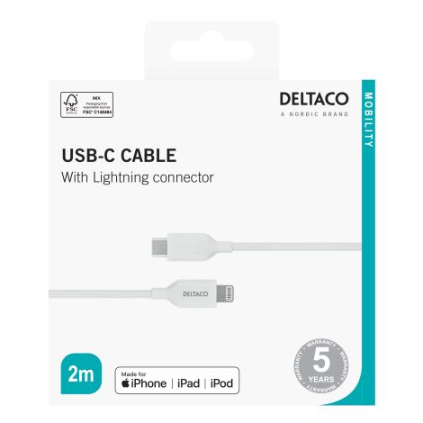 USB-C lightning kabel, 2m, hvid