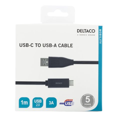 USB-C til USB-A kabel, 1 meter, sort