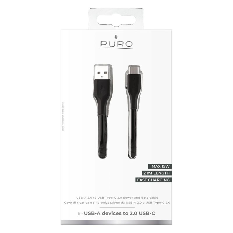 USB-A - USB-C kabel, 2 m, sort