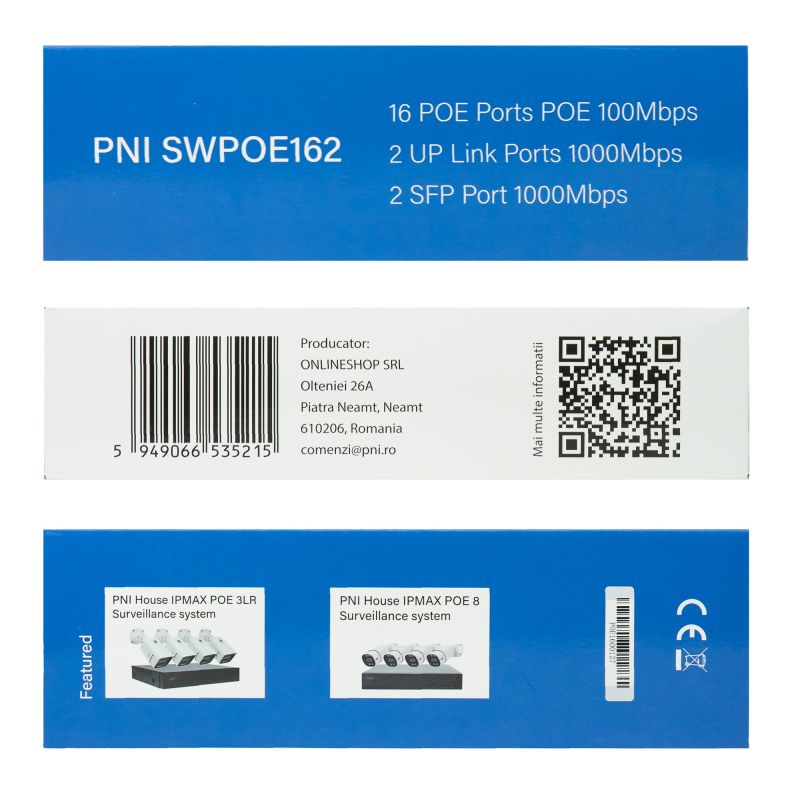 Switch POE PNI SWPOE162 - 16 POE-porte, 240W, AI Extend op til 250m