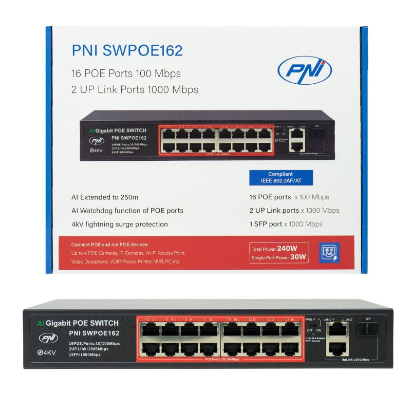 Switch POE PNI SWPOE162 - 16 POE-porte, 240W, AI Extend op til 250m