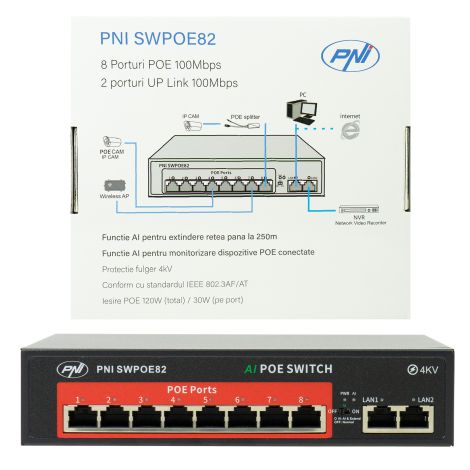 PNI SWPOE82 PoE-switch med 8 x 100 Mbps PoE-porte, AI Extend-funktion op til 250m
