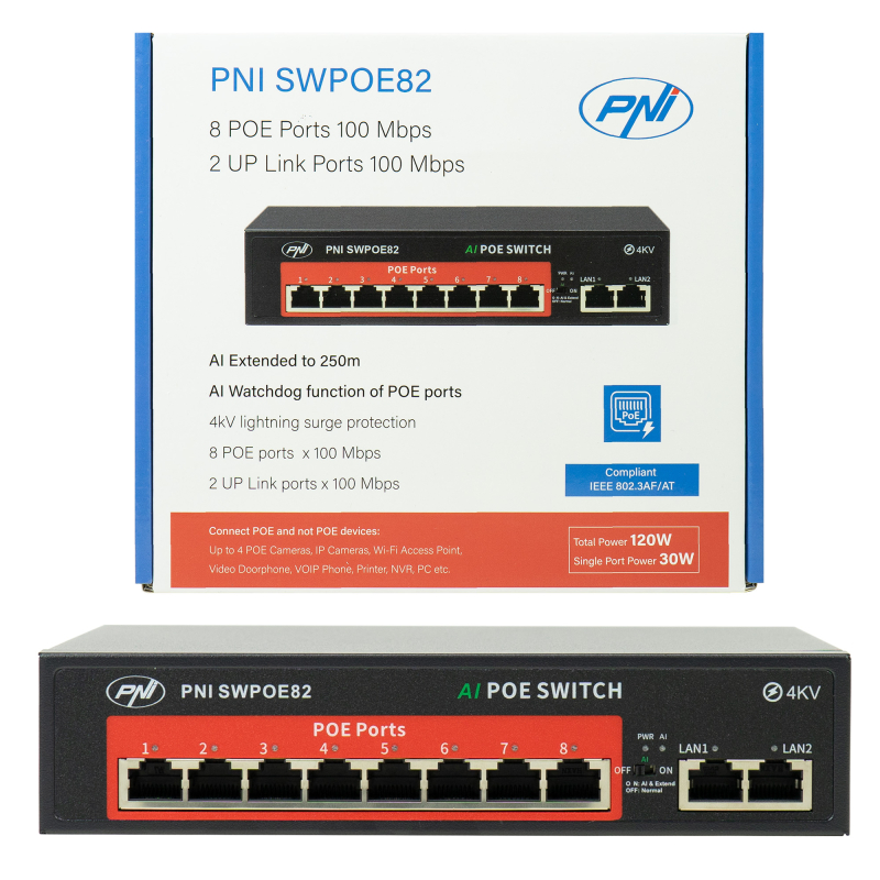 PNI SWPOE82 PoE-switch med 8 x 100 Mbps PoE-porte, AI Extend-funktion op til 250m