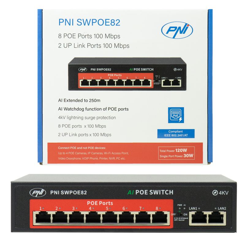 PNI SWPOE82 PoE-switch med 8 x 100 Mbps PoE-porte, AI Extend-funktion op til 250m