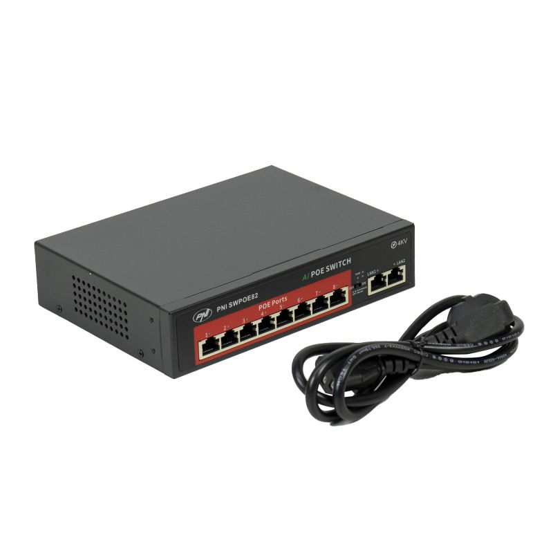 PNI SWPOE82 PoE-switch med 8 x 100 Mbps PoE-porte, AI Extend-funktion op til 250m