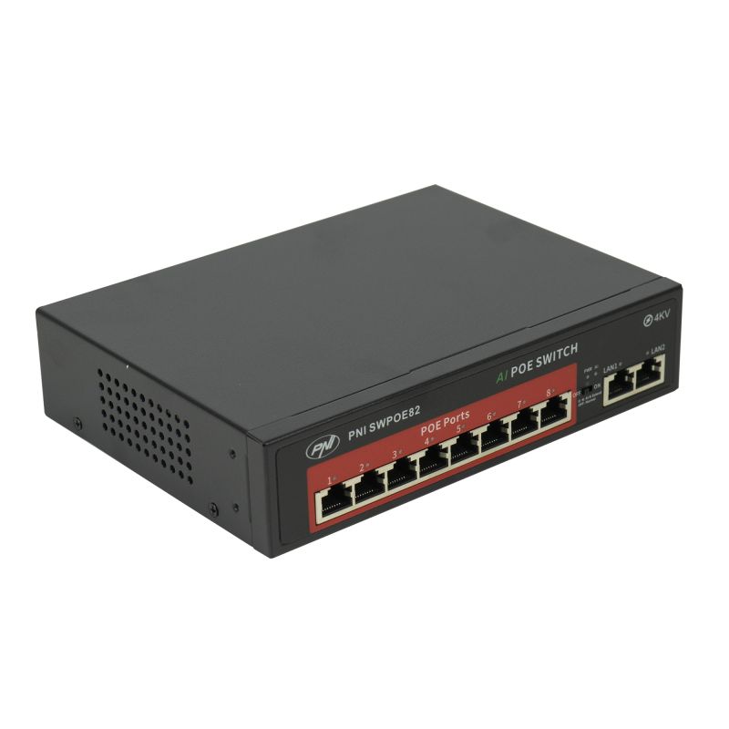 PNI SWPOE82 PoE-switch med 8 x 100 Mbps PoE-porte, AI Extend-funktion op til 250m