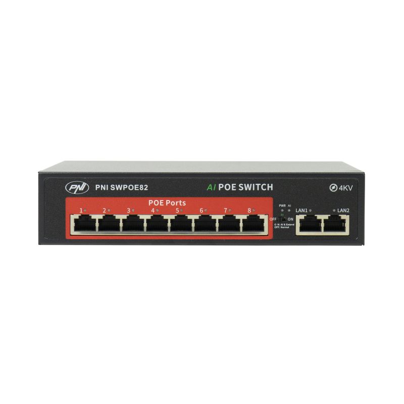 PNI SWPOE82 PoE-switch med 8 x 100 Mbps PoE-porte, AI Extend-funktion op til 250m
