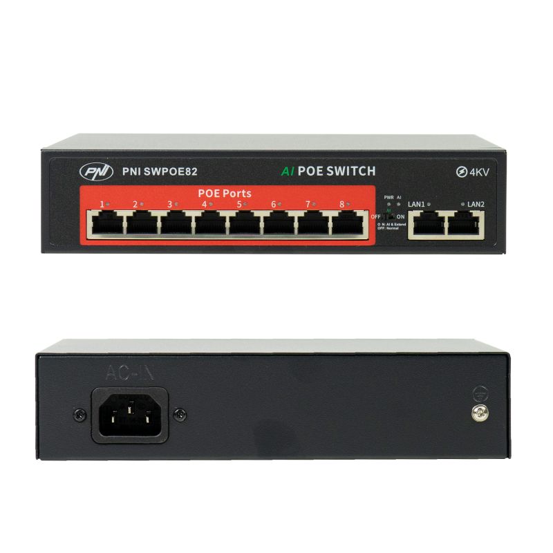 PNI SWPOE82 PoE-switch med 8 x 100 Mbps PoE-porte, AI Extend-funktion op til 250m