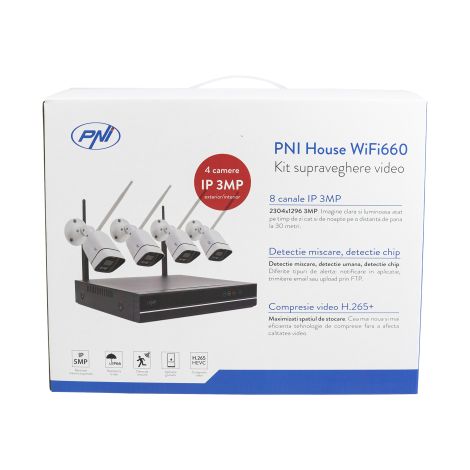 PNI House WiFi660 NVR Overvågningssæt – 4 Trådløse Udendørskameraer, 3MP, IP66
