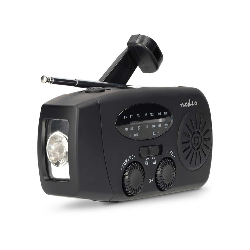 Nødradio med FM/AM, håndsving, solcelle, powerbank og lommelygte