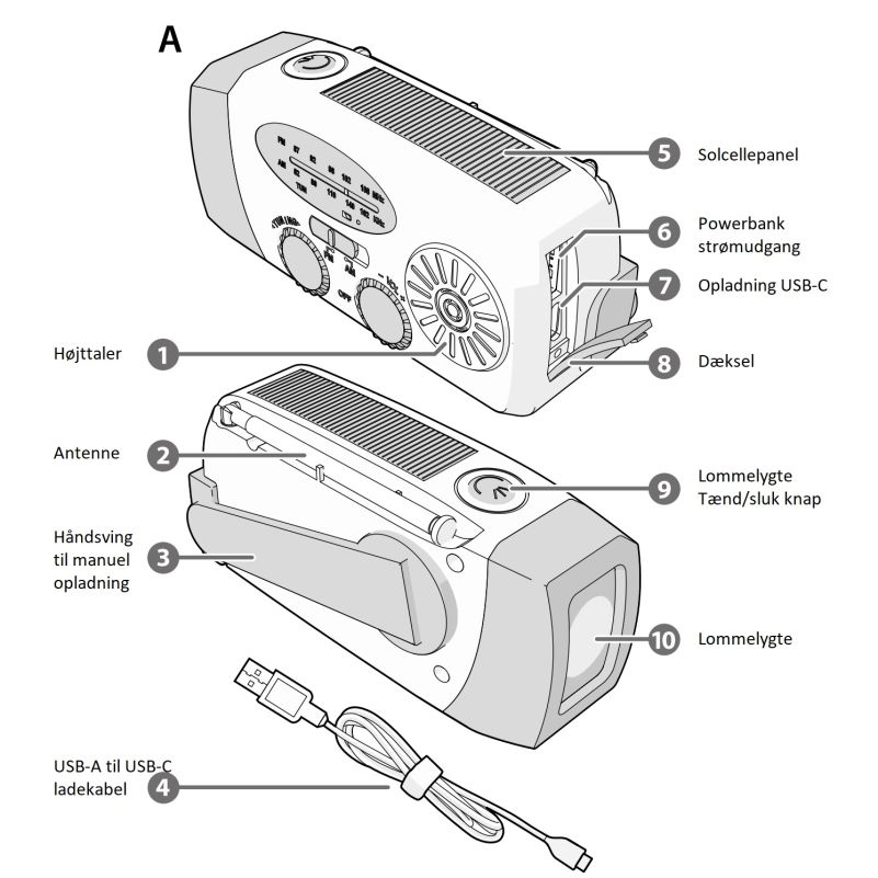 Nødradio med FM/AM, håndsving, solcelle, powerbank og lommelygte