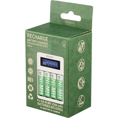 Oplader til AA/AAA‑batterier inkl. 4 genopladelige AA‑batterier