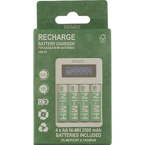 Oplader til AA/AAA‑batterier inkl. 4 genopladelige AA‑batterier