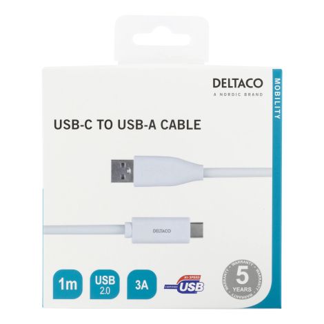 USB-C til USB-A kabel 1 m – USB 2.0, 3A (hvid)
