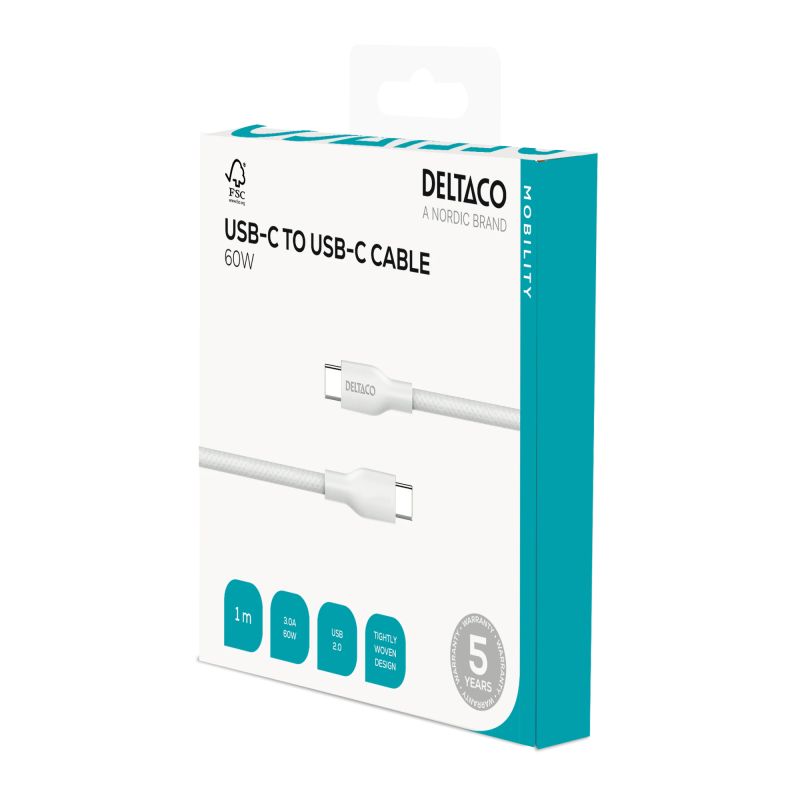 USB-C til USB-C ladekabel 1 m – 60 W hurtigladning (hvid)