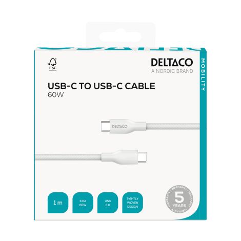 USB-C til USB-C ladekabel 1 m – 60 W hurtigladning (hvid)