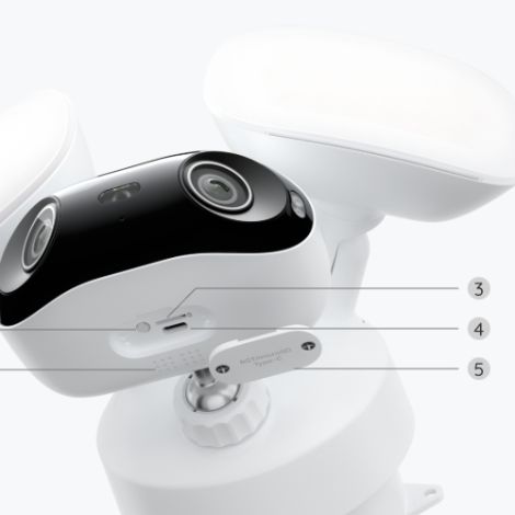 Reolink Elite Floodlight WiFi – micro-SD-indgang, reset-knap, højttaler og USB-C