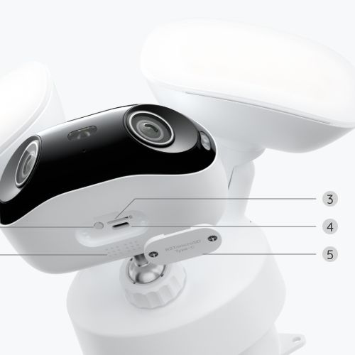 Reolink Elite Floodlight WiFi – micro-SD-indgang, reset-knap, højttaler og USB-C